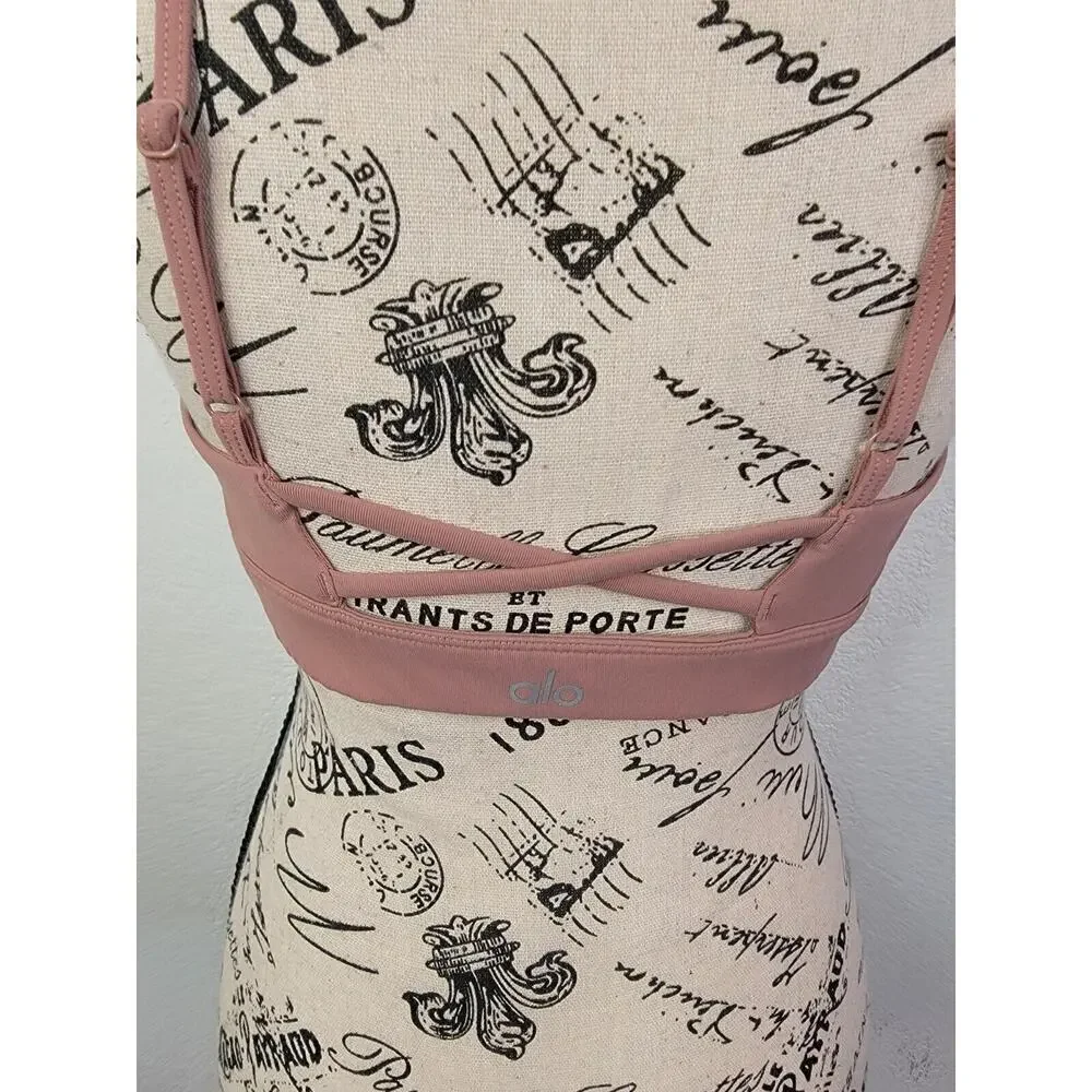 Alo Yoga Sport Bra Womens Small V Neck Cross Back Blush Pink Logo